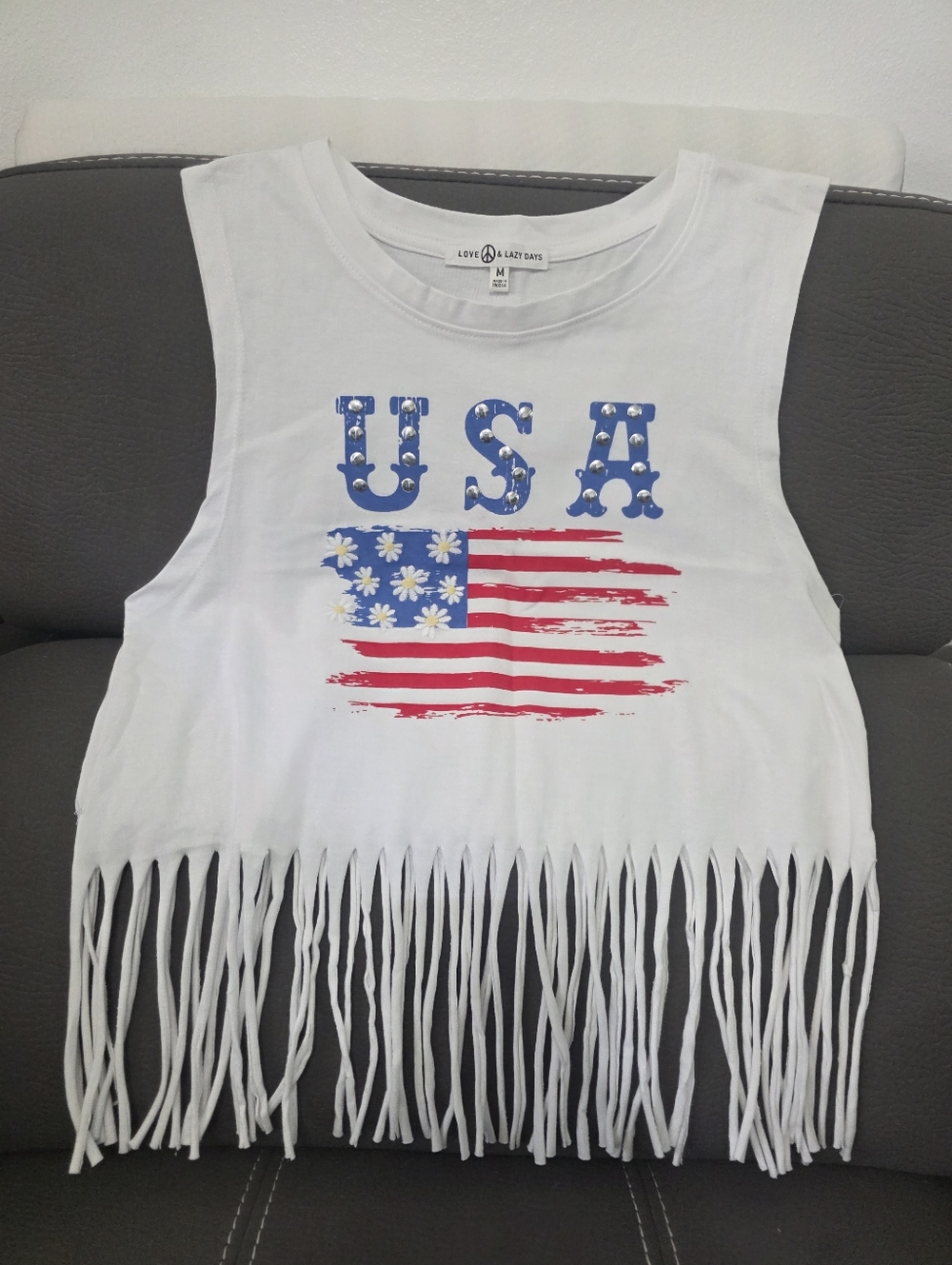 Womens White USA Fringe Crop Tank
